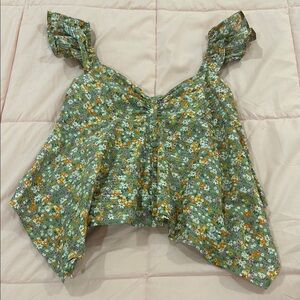 Floral Green Top with Ruffle Sleeves